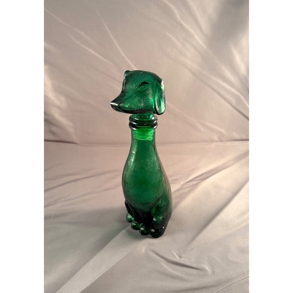 Vintage Emerald Green Glass Dachshund Dog Decanter Figural Bottle Textured 9.5in